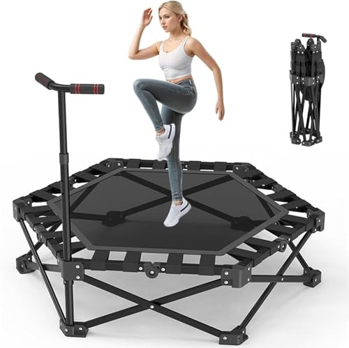 Fitness Trampolin in Studioqualität,Ø106cm Mini Indoor Trampolin für Cross Jumping bis 200kg belastbar,höhenverstellbarer Handgriff,Stabil & leise