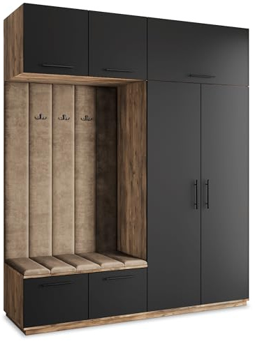 Masseno Flugarderoben Set Rema, Kleiderschrank-Set mit Sitzbank, Garderobenschrank Flur mit 5 Regalböden, Eiche Lefkas/Schwarz
