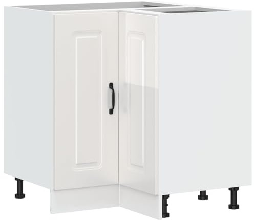 Fisinber Eck-Küchenunterschrank Kalmar Hochglanz-Weiß 75,5x75,5x81,5 cm Holzwerkstoff mit verstellbaren Füßen platzsparend für Moderne Küchen Speisekammer und Esszimmer