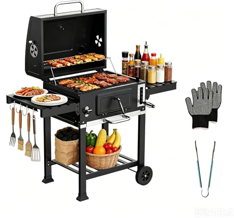 DEWINNER BBQ Holzkohle, XXL Kochauto, Grill mit Deckel, Thermometer, Anti-Hitze-Handschuhe, Kamin und integriertem Flaschenöffner, Smoke Großes Modell für Holzkohlegrill