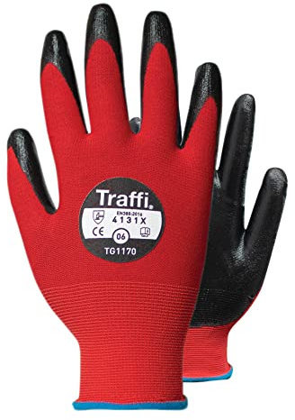 Traffi-TG1170 Work Gloves - Non Slip Latex Coated Palm Grip Perfect For Utility, Mechanics, Warehouse, Gardening & Construction Workers -X-DURA Flat Nitrile Safety Hand Gloves