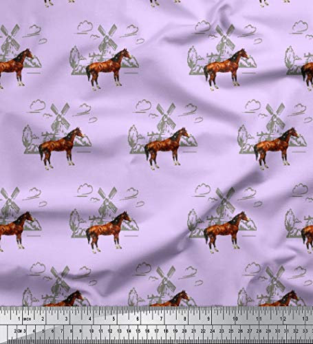 Soimoi Lila Baumwoll-Voile Stoff Windmuhle & Pferd Bauernhof Stoff Meterware 42 Zoll breit