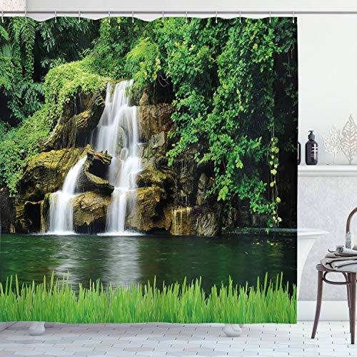 ABAKUHAUS Natur Duschvorhang, Lake Garden Wasserfall, Stoffliches Gewebe Badezimmerdekorationsset mit Haken, 175 x 220 cm, Grün Khaki