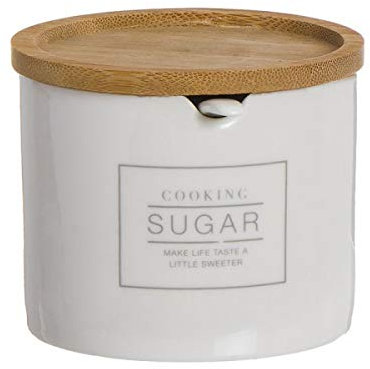 Deco Line Sucrier en céramique, Blanc avec Couvercle en Bois 8 cm
