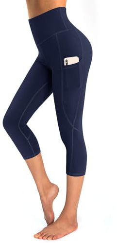 OUGES Damen Sport Leggings 3/4 High Waist Capri Leggins Yogahose Blickdichte Sporthose mit Taschen (Navy-20inch,S)