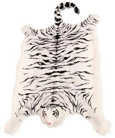 Tigerfell Teppich Tiger Kaminvorleger Deko Kamin Stofftier Bettvorleger Fell Plüsch Braun oder Weiss ca.180cm x 80 cm ohne Schwanz (Weiß - Schwarz)
