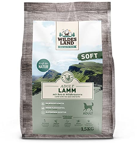 Wildes Land - Halbfeuchtes Trockenfutter für Hunde - Lamm - 1,5 kg -Soft mit Reis und Wildkräutern - Glutenfrei - Extra viel Fleisch - Für alle Hunderassen - Beste Akzeptanz
