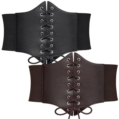 WERFORU 2 Stücke Frauen Tied Waspie Gürtel, Breiter Schnürgürtel für Damen, Korsett elastische Taille Gürtel für Halloween Party