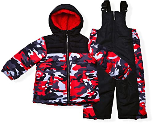 Arctic Quest Boys' Bib Snow Pants and Ski Jacket Water-Resistant Snowsuit For Kids Winter Hooded Jacket, Red Camo, 5-6
