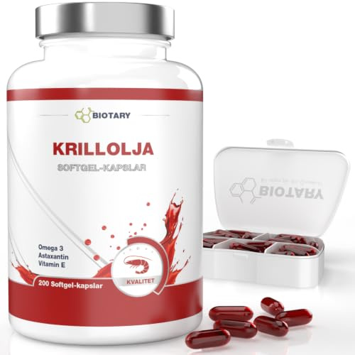 Krillolja 200 softgelkapslar 1040 mg per dagsportion 400 mg fosfolipider | 50 mg kolin inklusive pillerask över 3 månaders förbrukning testad kvalitet