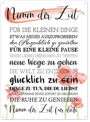 Interluxe 300x220mm Metallschild Blechschild Wandschild - NIMM DIR ZEIT - Serie Mohn - Dekoschild mit Mohnblumen Motivation Sommer Garten Deko Terasse