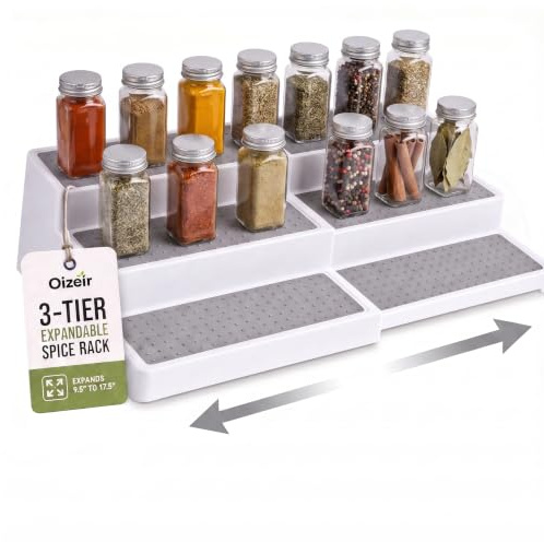 3–Tier Expandable Plastic Spice Rack - Adjustable Length, Stability with Non-Skid Shelf, Three Tiers for Easy Visibility, Organizer for Kitchen Cabinet, Pantry or Countertop, White/Grey