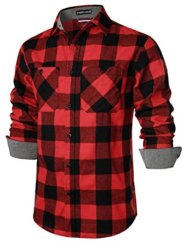 PARKLEES Chemise classique élégante à manches longues en polaire boutonnée avec poche pour homme, rouge/noir, XL