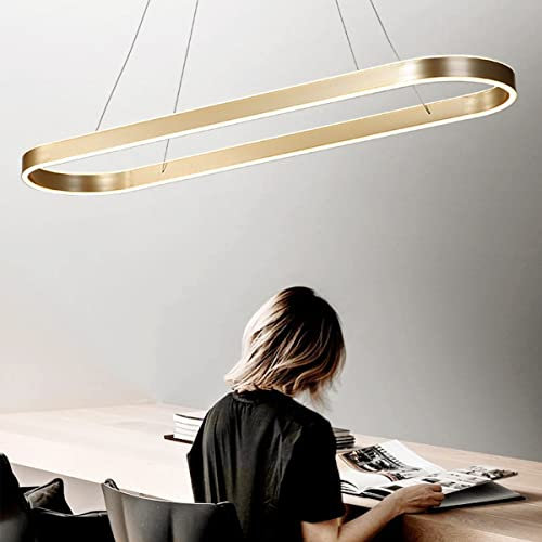 Bellastein LED Moderne Esstisch Pendelleuchte Dimmbar mit Fernbedienung Wohnzimmer Esszimmer Deko Hängeleuchte Oval Höhenverstellbare Hängeleuchte Memory Funktion Deckenlampe (Gold, L120cm)