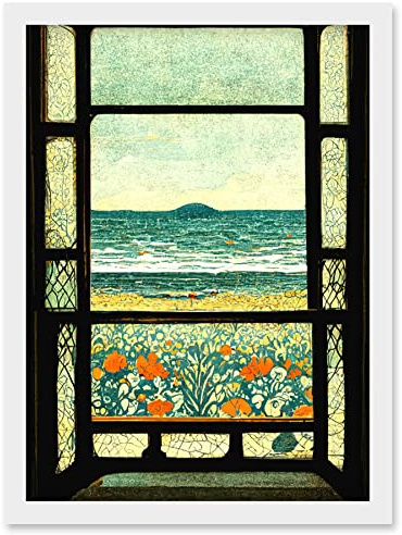Doppelganger33 LTD A Sea View Seaside Beach Flowers William Morris Artwork Framed Wall Art Print A4