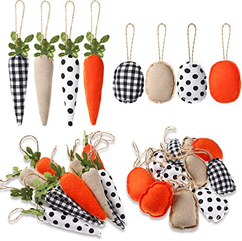 Boyiee 24 Stück Bauernhaus Ostern Deko, Ostern Ornamente für Kleine Bäume, Rustikale Karotten Eier Ornamente, Stoff Mini Karotten Eier Saisonaler Frühling Vintage Osterkorb Gestufte Tablett Deko