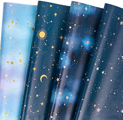 WRAPAHOLIC Galaxie-Geschenkpapierbogen – 12 Blatt flach gefaltet mit 12 Geschenkanhängern für Babyparty, Geburtstag, Weihnachten – 50 x 70 cm pro Bogen