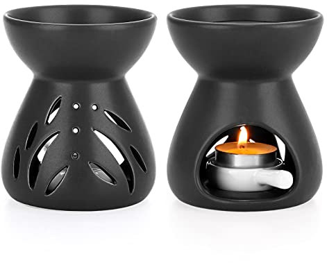 BSTKEY Quemador de aceite esencial de cerámica, quemador de cera derretida, decoración del hogar, difusor de aroma, quemador de velas con cuchara de vela pequeña, forma de embudo (negro)