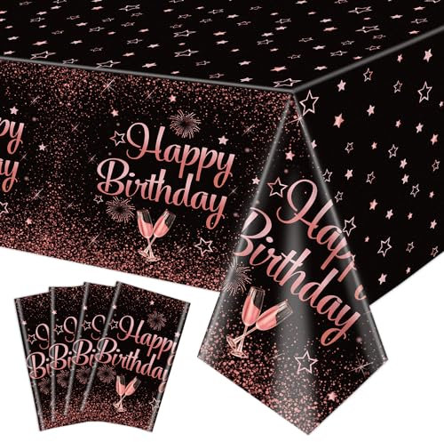 4 Pack Rose Gold Happy Birthday Tischdecken, 130 x 220cm Schwarz und Rose Gold Rechteck Tischdecke für Frauen Mädchen Geburtstag Party Dekorationen Zubehör