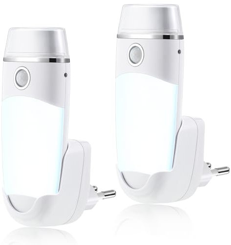 Hiboom 2 Luces Nocturnas de Enchufe con Sensor de Movimiento Multifuncional Linterna de Pared de Encendido/Apagado Automático Funciona con Baterías y Enchufe Europeo Extraíble para Refugio Emergencia