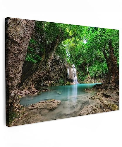 MuchoWow© Impression sur Toile Decoration Murale Peinture 120x80 cm Tableaux Decoratifs Muraux Déco Chambre Tableau Salon Jungle - Cascade - Plantes - Eau - Nature