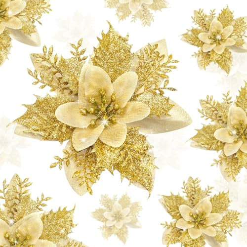 YSUVIN Fiori di Natale Decorare, 10 Pcs Oro Albero di Natale Decorazioni Glitter Fiore di Natale, Fiori Artificiali di Natale con 10 Pcs Clip per Natale Matrimonio Festa Capodanno (14cm)