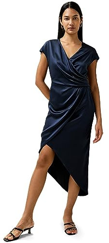 LilySilk X Natasha Exklusives Damen Seidenkleid Frau 22MM Maulbeerseide Wickelkleid mit asymmetrischem Schnitt und Seitenschlitz(Dunkel Blau,40)