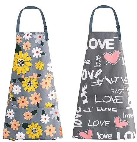 YZDZSW Kitchen Aprons for Women, 2 Pcs Kitchen Cooking Aprons, Waterproof Cooking Apron with Pockets Adjustable Ladies Aprons for Kitchen Baking Gardening BBQ(Floral)