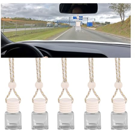 JNNJ 5 Piezas Botella Ambientadora Colgante Para Coche, Botella De Vidrio Difusor De Aceite Esencial De Aromaterapia Para Coche, Botella Vacía Perfume Para Espejo Retrovisor Coches(Cuadrada)