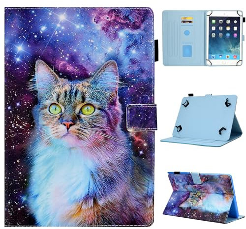 KEROM Universal 10 Inch Tablet Case, Universal 10.1 Inch Tablet Case, Cute PU Leather Folio Stand Protective Cover for 9.5-10.5 Inch Tablets, Space Cat