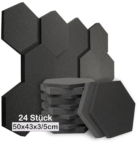 sunnypillow Hexagon Akustikschaumstoff Akustikschaum - 24 Stück - 50 x 43 x 3/5cm - Schallschutzmatte zur effektiven Akustik Dämmung - Absorber Schalldämmung Wand, Wanddekoration Gaming/Studio Deko