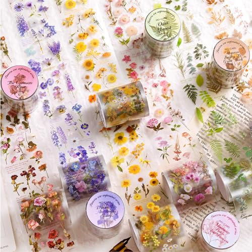 6 Rolls Washi Tape Sticker Set,Blumen Plants PET Washi Masking Tape Sticker Transparent Scrapbook Journaling Aufkleber Zubehör für Scrapbooking, Journaling, Bullet Journals, Planer,