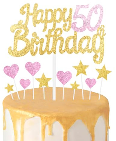 Gold Pink 50th Birthday Cake Topper, Girls 50th Birthday Decorations, Glitter Heart Stars Cake Toppers, Personalised Happy Birthday Cake Cupcake Toppers for Women Girls Baby Birthday Party Supplies
