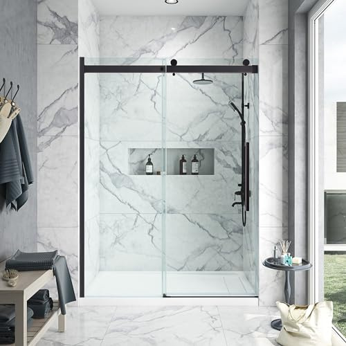 OVE Decors Bel 60-in W x 81-in H Frameless Sliding Shower Door Alcove Shower Kit, Shower Base Included in Oil-Rubbed Bronze