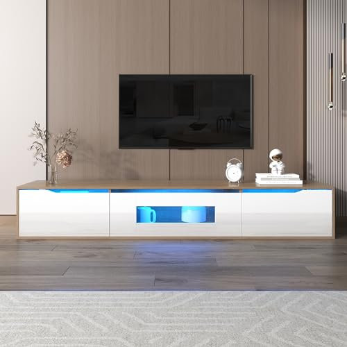 Merax High-Gloss TV Cabinet in White and High-Gloss Black, LED TV Stand Cabinet with Colour-Changing LED Lights, White