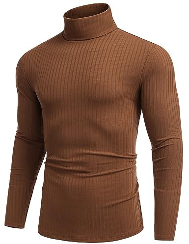 COOFANDY Men's Jumpers Turtleneck Tops for Men Long Sleeve Ribbed Knitted Jumper Lightweight Basic Sweater Brown L