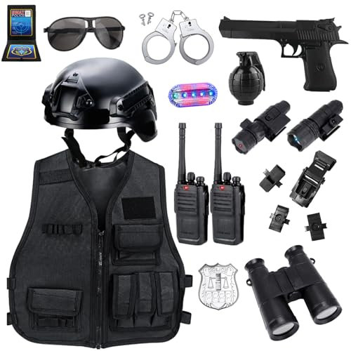 KalaDuck Disfraz Policía Niño 3 años, 14Piezas Accesorios con Casco Policial, Chaleco SWAT, Walkie Talkie, Juguete Esposas, Juego de Rol de Disfraz Halloween Policía Juguetes para Niños Niñas