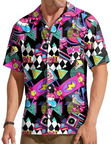 hohololo 80s Vintage Shirt for Men 70s Disco Shirt Party Costume Men's Retro Classic Hawaii Shirt(Multicoloured-B,XXL