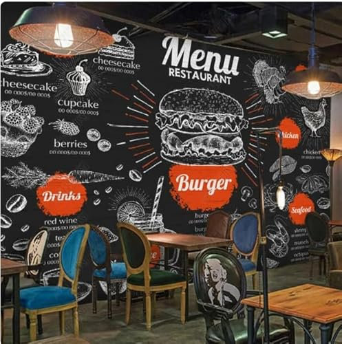 siuayosdj Papier peint tableau noir craie peint à la main restauration rapide restaurant mural décor 3D papier peint, 3D, 300x210 cm