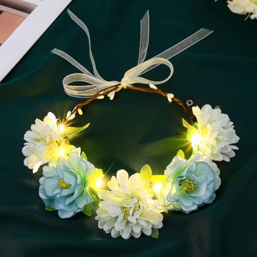 Zoestar Leuchtende Blumenkrone, Stirnband, LED-Haarkranz, Brautschmuck, Blumengirlande, Kopfschmuck, Festival, Party, Haarschmuck für Damen und Mädchen (Blau + Weiß, Einheitsgröße)