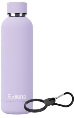 Exllena Insulated Water Bottles 500ml with Clip, Double Wall Vacuum Drinks Bottle Keeps Drinks Cold 24 Hrs/Hot 12 Hrs, Stainless Steel Water Bottle BPA Free (Purple)