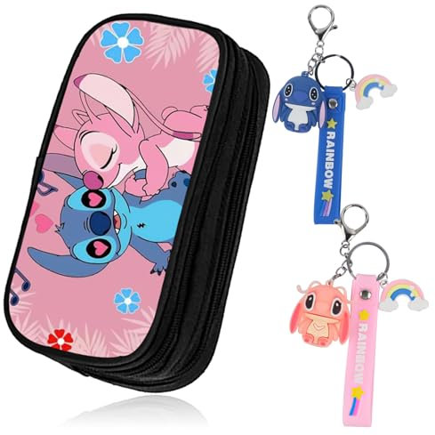 Sti-tch Trousse pour enfants + 2 porte-clés Sti-tch - Trousse portable remplie - Pour garçons et filles, école, étudiants, fans de Stitch - Cadeau pour enfants, Rose, Étui de transport à thème