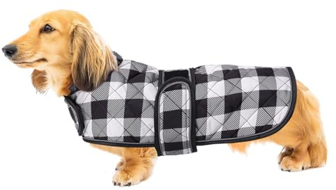 Geyecete Wasserdichter Hundemantel,Dackel Mantel,Hundejacke Winter für Dackel,mit Warmem Fleecefutter innen,Verstellbaren Outdoor Hundebekleidung für Dackel Miniatur Dackel-Kariert Schwarz-L