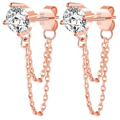 Zirkonia Ohrstecker Silber 925 mit Doppel Quaste Kette Baumeln: Damen Teenager Mädchen Ohrringe Stecker Hängend Ohrringe Hypoallergen Ohrschmuck - Elegant Schmuck für Partei Hochzeit Urlaub Rosegold