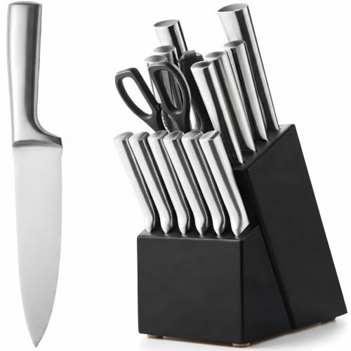 Retoo Messerset mit Messerblock Edelstahl Schwarz Silber 16-teilig | 6 Steakmesser, Kochmesser, Santokumesser, Brotmesser, Schälmesser, Pizzamesser, Schere, Anspitzer, ergonomische Griffe