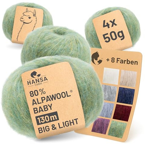 HANSA-FARM |Alpawool 80% Baby Alpaka Big & Light 200g Set (4 x 50g) leichte und kratzfreie Wolle zum Stricken & Häkeln - HF283 Lindenblüte Melange