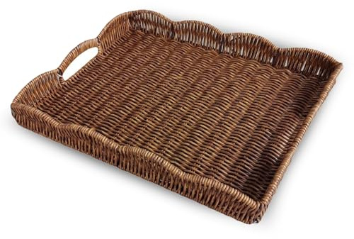 Serving Tray with Scalloped Edge, Rectangular Wicker Tray with Handles, Ideal for Breakfast or Meals in Bed and on Sofa, Decorative Coffee Table Tray to Enhance Dining (Coffee Brown)