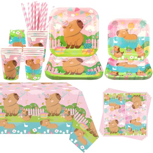 Obussgar Decoración de fiesta de capibara rosa - Capybara Cumpleaños Fiesta Vajilla Accesorios Contiene Platos, Tazas, Servilletas, Manteles, Pajitas - Para 20 Personas