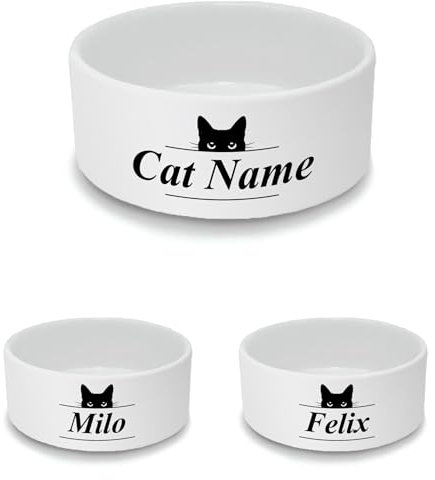 Personalised Ceramic Cat Bowl - Small White Pet Food Dish with Black Cat Ears Design - Custom Name Cat Bowl 13cm Wide x 5.5cm Deep - Ideal for Small Cats