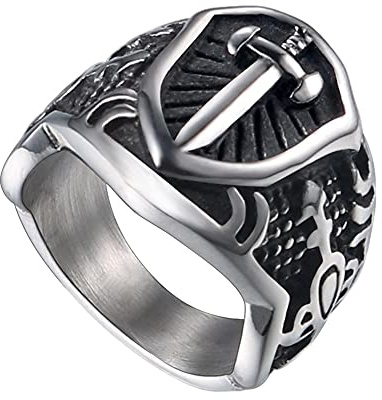 TQWSVUM Herren Wikinger Schild Schwert Edelstahl Ring, Nordischer vintage Rüstung Ritter Mittelalterlicher Siegelring, Vintage Amulett Religion Schutz Heidnischen Schmuck Geschenk